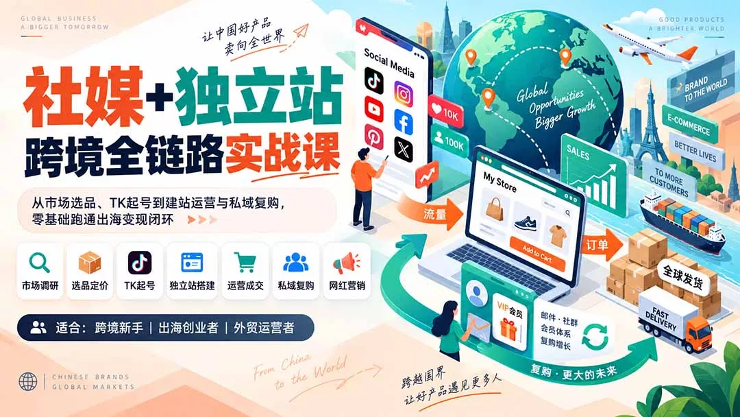 社媒+独立站跨境全链路实战课：从市场选品、TK起号到建站运营与私域复购，零基础跑通出海变现闭环 - 来及网络