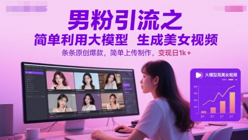 男粉引流之简单利用大模型生成美女视频，条条原创爆款，简单上传制作，变现日1k+ - 来及网络