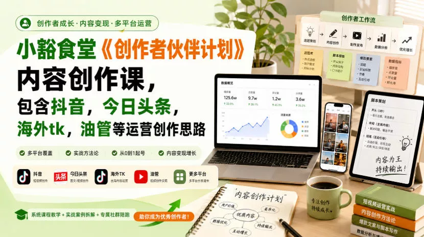 小豁食堂《创作者伙伴计划》内容创作课，包含抖音，今日头条，海外tk，油管等运营创作思路 - 来及网络