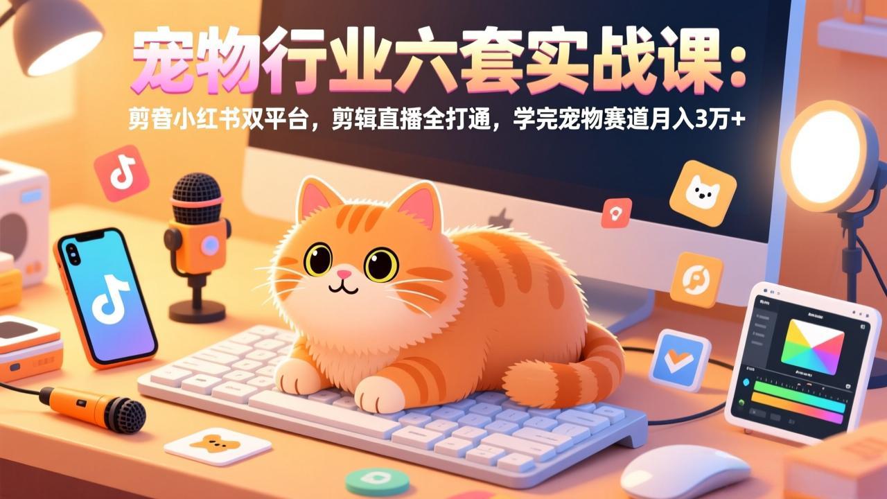 宠物行业六套实战课：抖音小红书双平台，剪辑直播全打通，学完宠物赛道月入3万+ - 来及网络