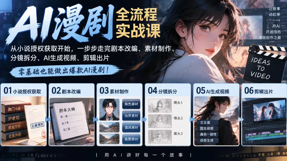 AI漫剧全流程实战课｜从小说授权获取开始，一步步走完剧本改编、素材制作、分镜拆分、AI生成视频、剪辑出片全流程 - 来及网络
