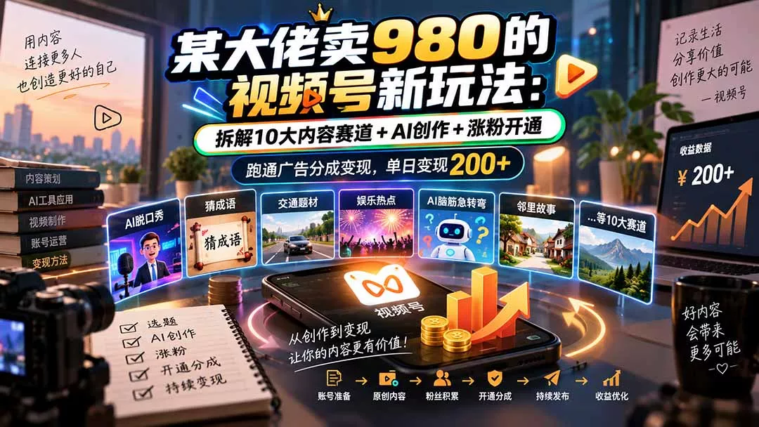 某大佬卖980的视频号新玩法：拆解10大内容赛道+AI创作+涨粉开通，跑通广告分成变现，单日变现200+ - 来及网络