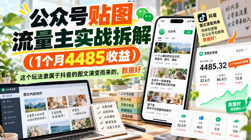 公众号贴图流量主实战拆解(1个月4485收益)，这个玩法隶属于抖音的图文演变而来的，数据好 - 来及网络