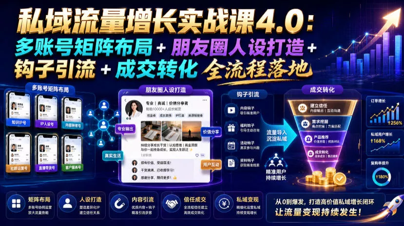 私域流量增长实战课4.0：多账号矩阵布局+朋友圈人设打造+钩子引流+成交转化全流程落地 - 来及网络