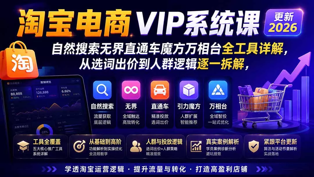 2026淘宝电商终局之战VIP课-更新：自然搜索+直通车+无界+精准人群，系统掌握测款动销与全店推广布局方法 - 来及网络