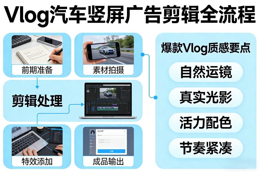 Vlog感觉汽车竖屏广告剪辑脚本全流程，拿捏爆款Vlog质感 - 来及网络
