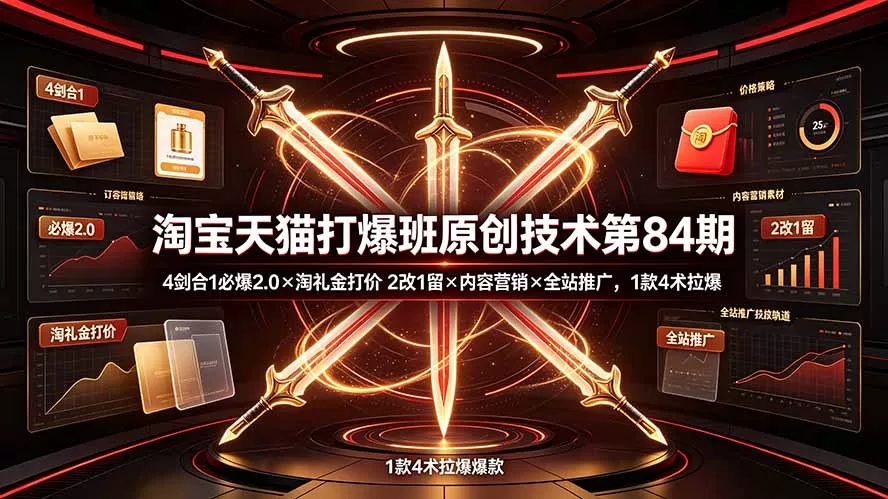 淘宝天猫打爆班原创技术第84期：4剑合1必爆2.0×淘礼金打价×2改1留×内容营销×全站推广，1款4术拉爆 - 来及网络
