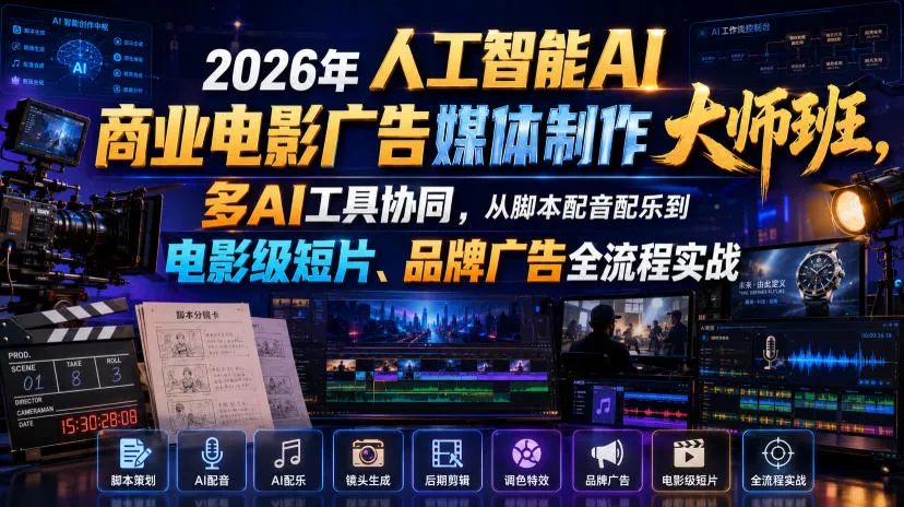2026年人工智能AI商业电影广告媒体制作大师班，多AI工具协同，从脚本配音配乐到电影级短片、品牌广告全流程实战(中英字幕) - 来及网络