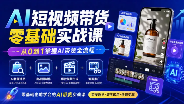 AI短视频带货零基础实战课｜AI智能选品+商品图制作+爆款视频生成+混剪推广，从0到1掌握AI带货全流程 - 来及网络