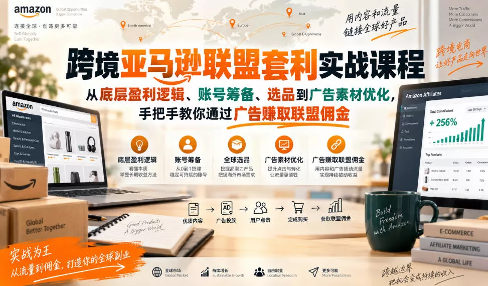 跨境亚马逊联盟套利实战课程，从底层盈利逻辑、账号筹备、选品到广告素材优化，手把手教你通过广告賺取联盟佣金 - 来及网络