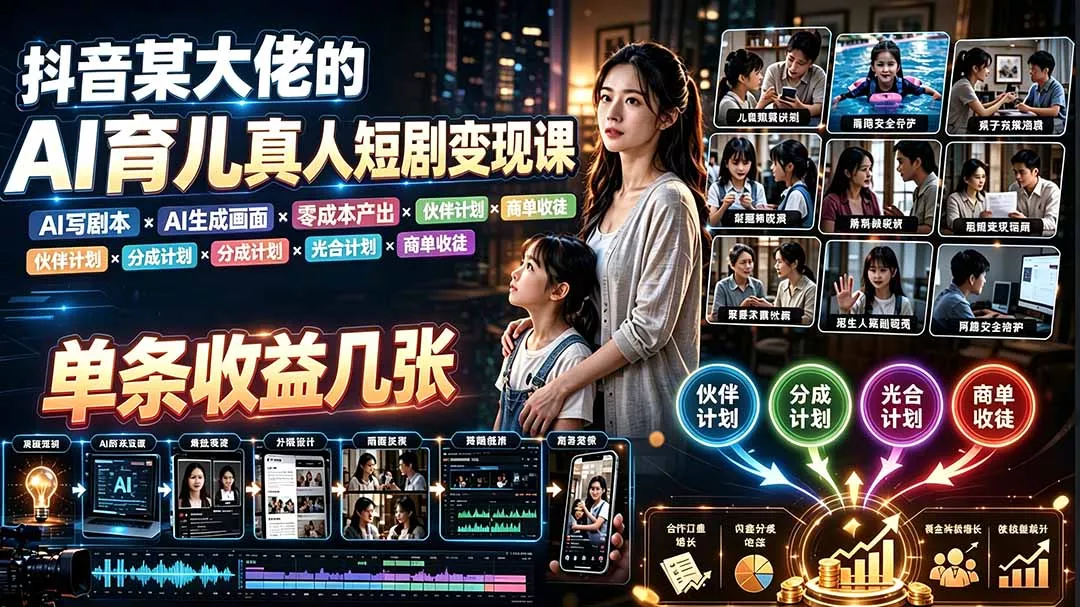 AI育儿真人短剧变现课：AI写剧本×AI生成画面×零成本产出×伙伴计划×分成计划×光合计划×商单收徒 - 来及网络