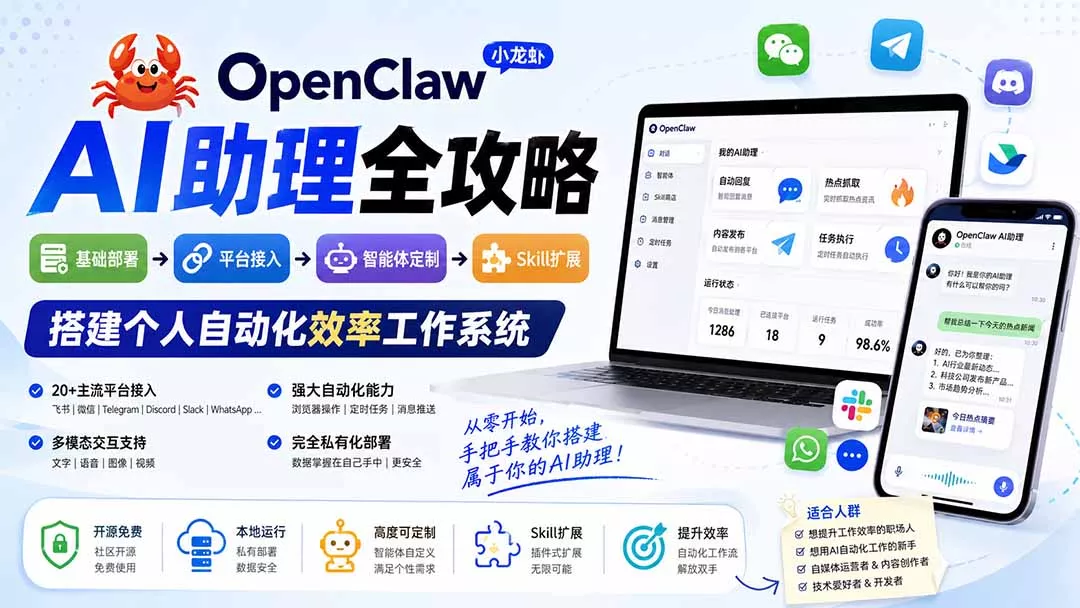 OpenClaw小龙虾 AI助理全攻略：基础部署→平台接入→智能体定制→Skill扩展，搭建个人自动化效率工作系统 - 来及网络