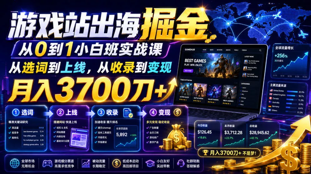 游戏站出海掘金从0到1小白实战课，从选词到上线，从收录到变现，月入3700刀+ - 来及网络