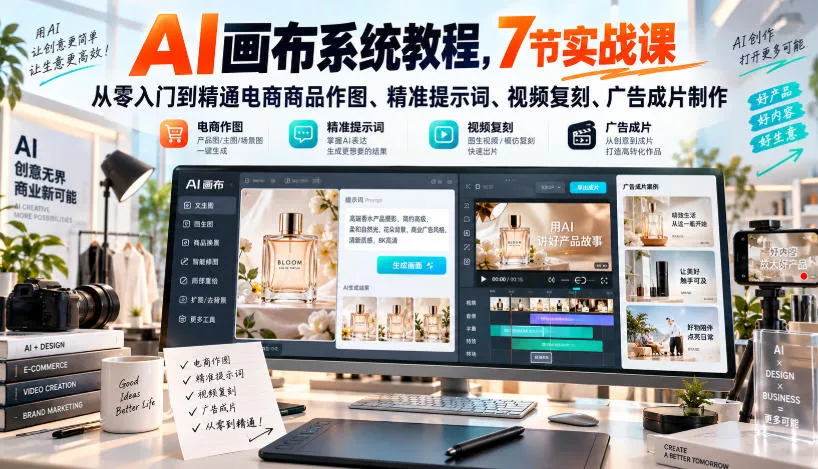 AI画布系统教程，7节实战课从零入门到精通电商商品作图、精准提示词、视频复刻、广告成片制作 - 来及网络