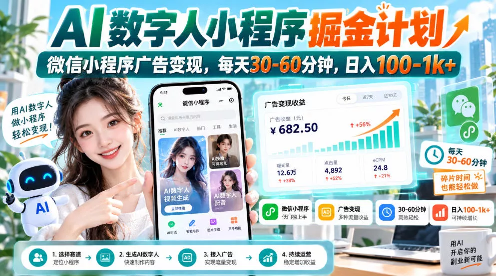 【无水印】AI数字人小程序掘金计划，微信小程序广告变现，每天30‑60分钟，日入100‑1k+ - 来及网络