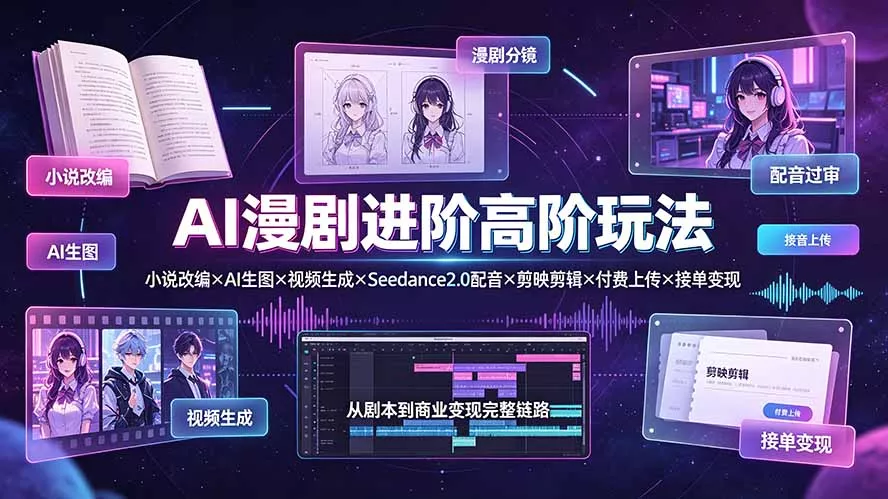 AI漫剧进阶高阶玩法：小说改编×AI生图×视频生成×Seedance2.0配音×剪映剪辑×付费上传×接单变现 - 来及网络