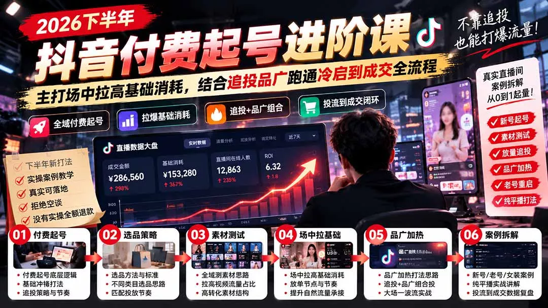 2026下半年抖音付费起号进阶课：主打场中拉高基础消耗，结合追投品广跑通冷启到成交全流程 - 来及网络