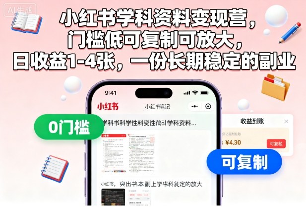 小红书学科资料变现营，门槛低可复制可放大，日收益1-4张，一份长期稳定的副业 - 来及网络