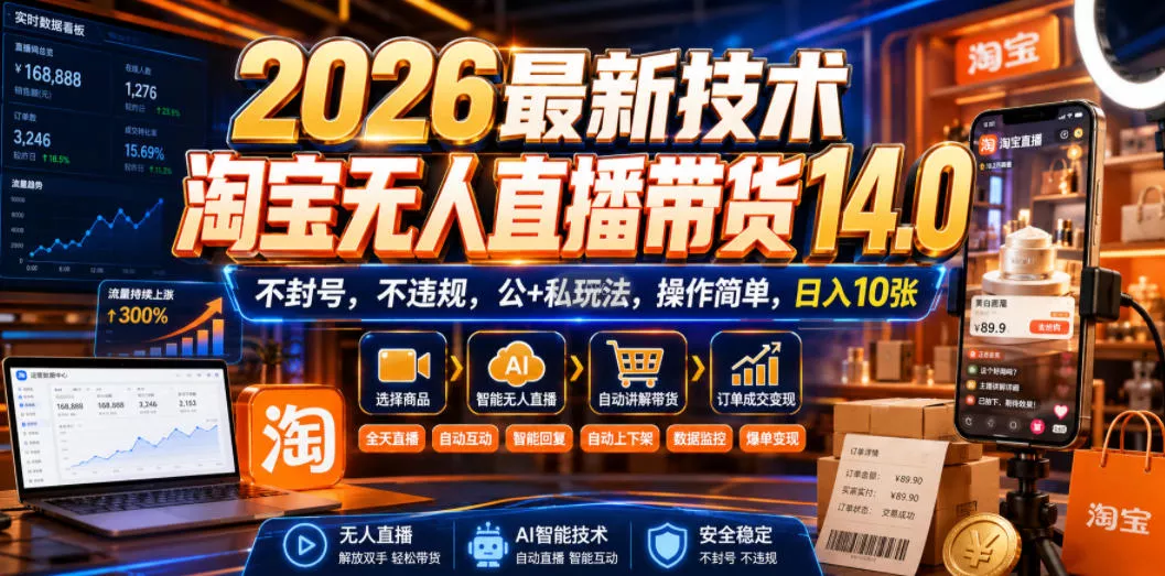 2026最新技术，淘宝无人直播带货14.0，不封号，不违规，公+私玩法，操作简单，日入10张【揭秘】 - 来及网络