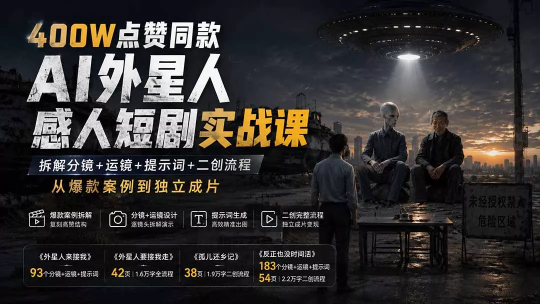 400W点赞同款AI外星人感人短剧实战课：拆解分镜+运镜+提示词+二创流程，从爆款案例到独立成片 - 来及网络