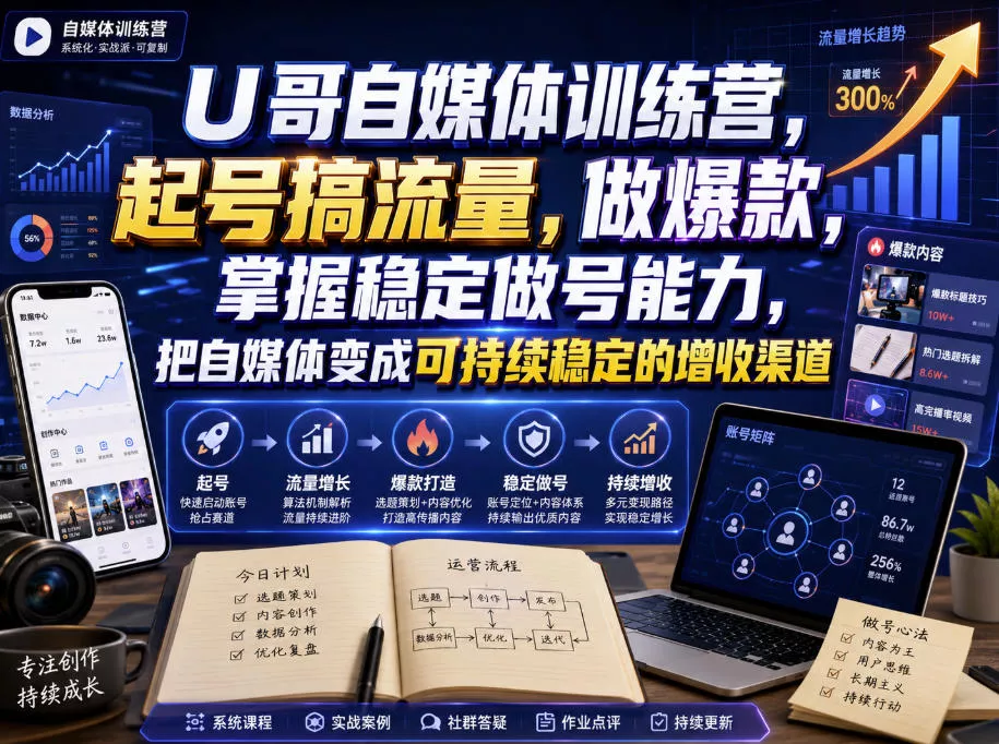 U哥自媒体训练营，起号搞流量，做爆款，掌握稳定做号能力，把自媒体变成可持续稳定的增收渠道 - 来及网络