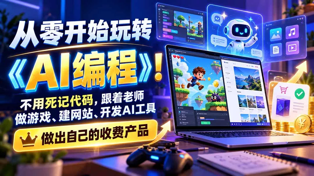 从零开始玩转《AI编程》！不用死记代码，跟着老师做游戏、建网站、开发AI工具，最后完成自己的收费产品 - 来及网络