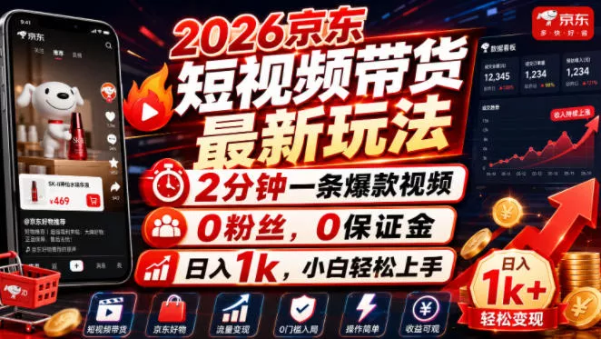 2026京东短视频带货最新玩法，2分钟一条爆款视频，0粉丝，0保证金，日入1k，小白轻松上手【揭秘】 - 来及网络