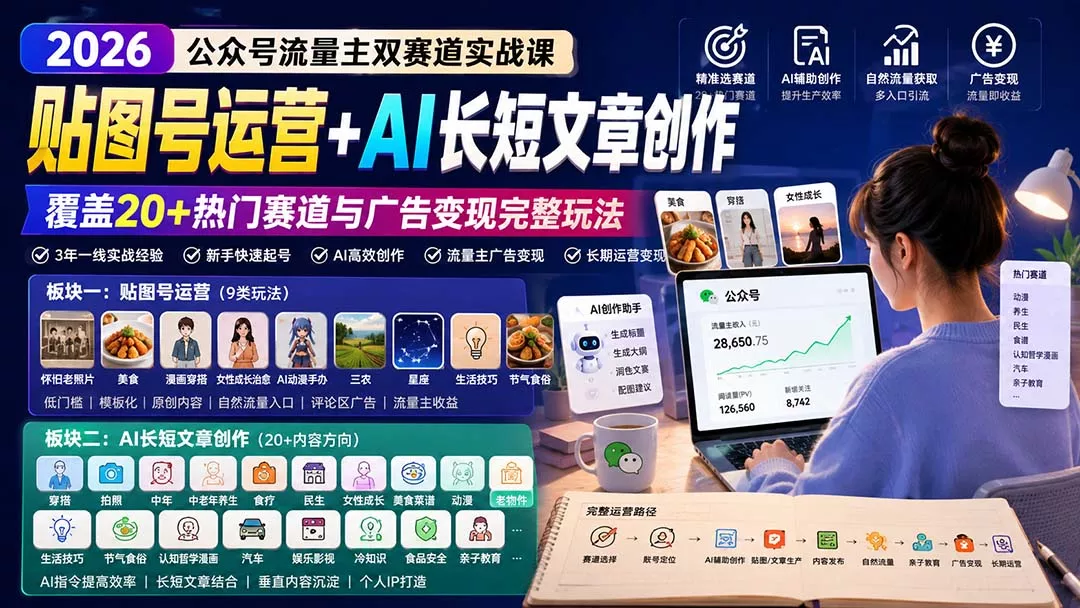 公众号流量主双赛道实战课：贴图号运营+AI长短文章创作，覆盖20+热门赛道与广告变现完整玩法 - 来及网络