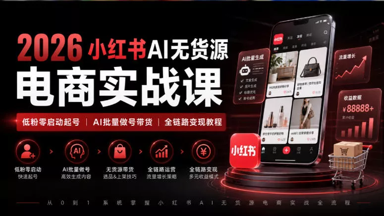 2026小红书AI无货源电商实战课｜低粉零启动起号｜AI批量做号带货全链路变现教程 - 来及网络