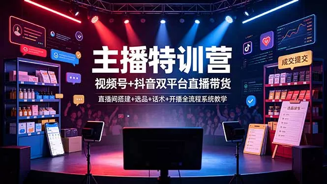 主播特训营：视频号+抖音双平台直播带货，直播间搭建+选品+话术+开播全流程系统教学 - 来及网络
