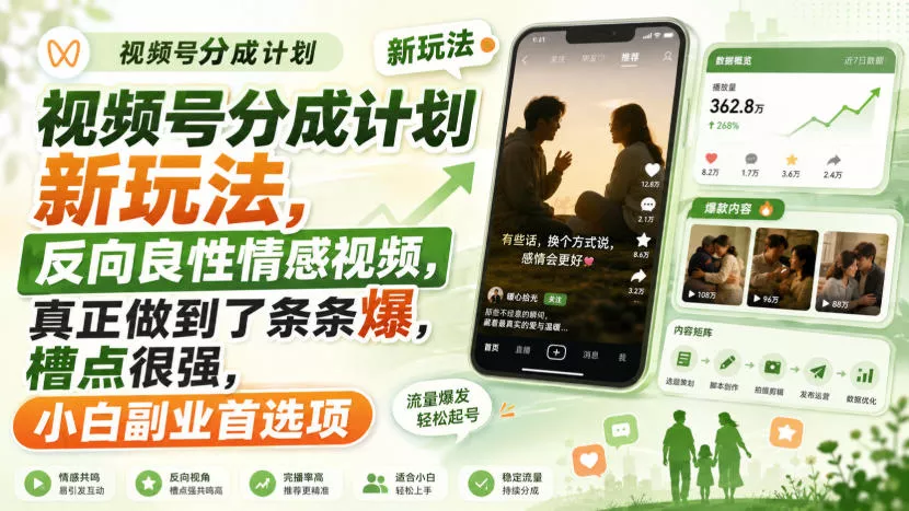 视频号分成计划新玩法，反向良性情感视频，真正做到了条条爆，槽点很强，小白副业首选项 - 来及网络