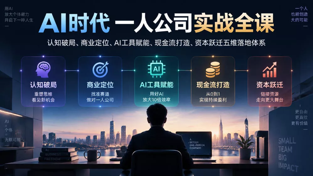 AI时代一人公司实战全课｜认知破局、商业定位、AI工具赋能、现金流打造、资本跃迁五维落地体系 - 来及网络