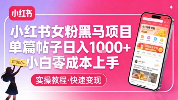 小红书女粉黑马项目，单篇帖子日入1k+，小白零成本上手 - 来及网络