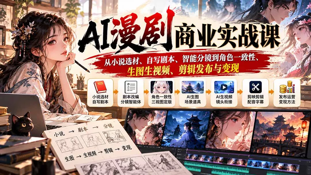 AI漫剧商业实战课：从小说选材、自写剧本、智能分镜到角色一致性、生图生视频、剪辑发布与变现 - 来及网络