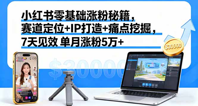 小红书零基础涨粉秘籍，赛道定位+IP打造+痛点挖掘，7天见效 单月涨粉5万+ - 来及网络
