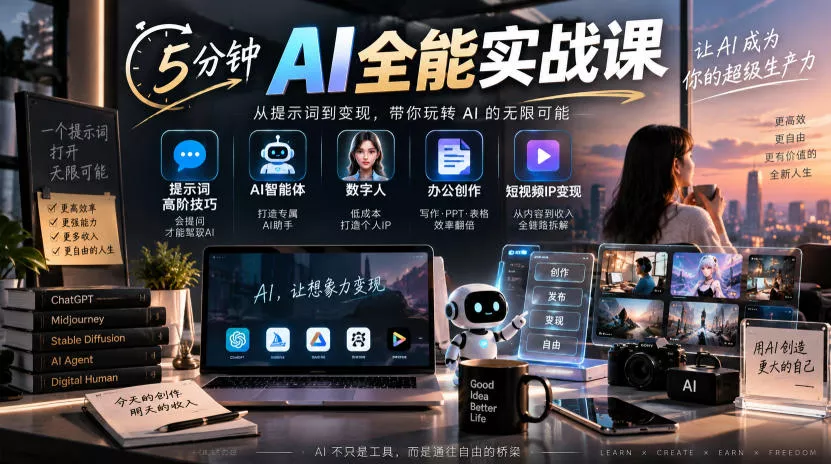 5分钟AI全能实战课｜提示词高阶技巧+AI智能体+数字人+办公创作+短视频IP变现全教程 - 来及网络