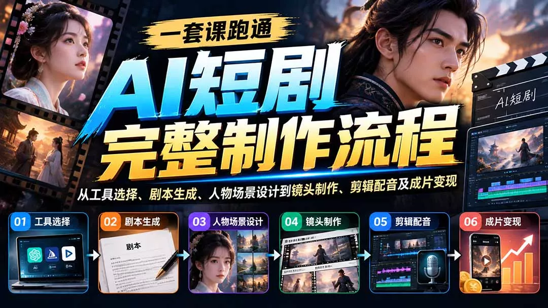 一套课跑通AI短剧完整制作流程：从工具选择、剧本生成、人物场景设计到镜头制作、剪辑配音及成片变现 - 来及网络