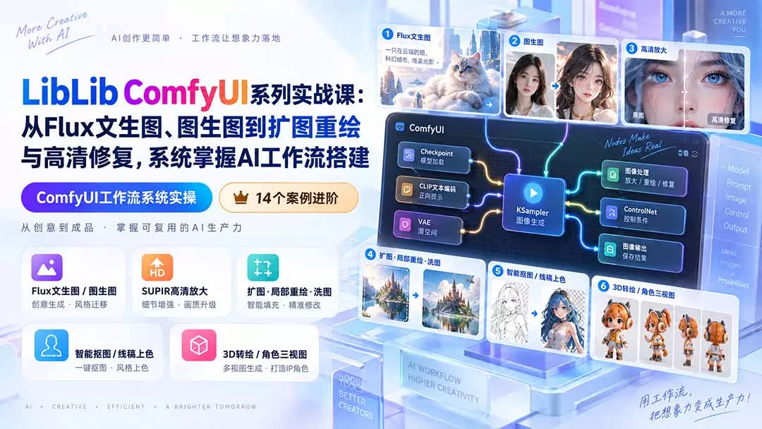 LibLib ComfyUI系列实战课：从Flux文生图、图生图到扩图重绘与高清修复，系统掌握AI工作流搭建 - 来及网络