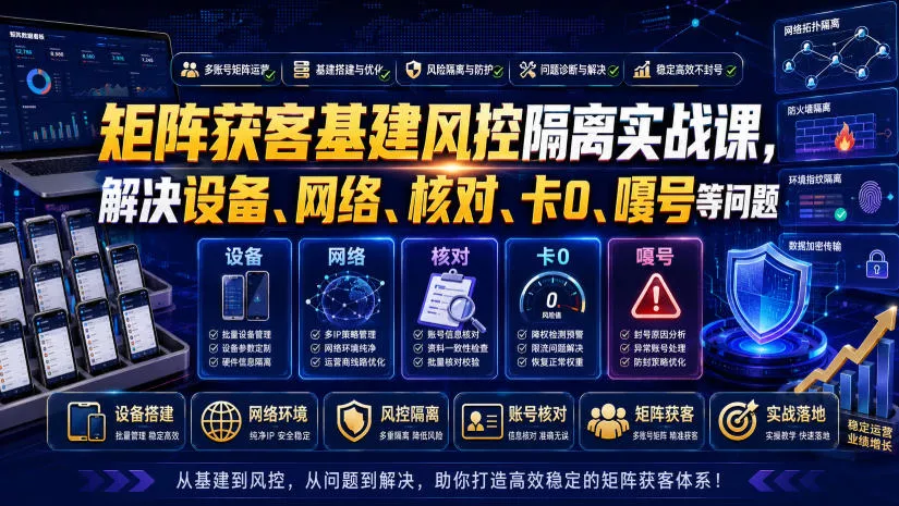 矩阵获客基建风控隔离实战课，解决设备、网络、核对、卡0、嘎号等问题 - 来及网络