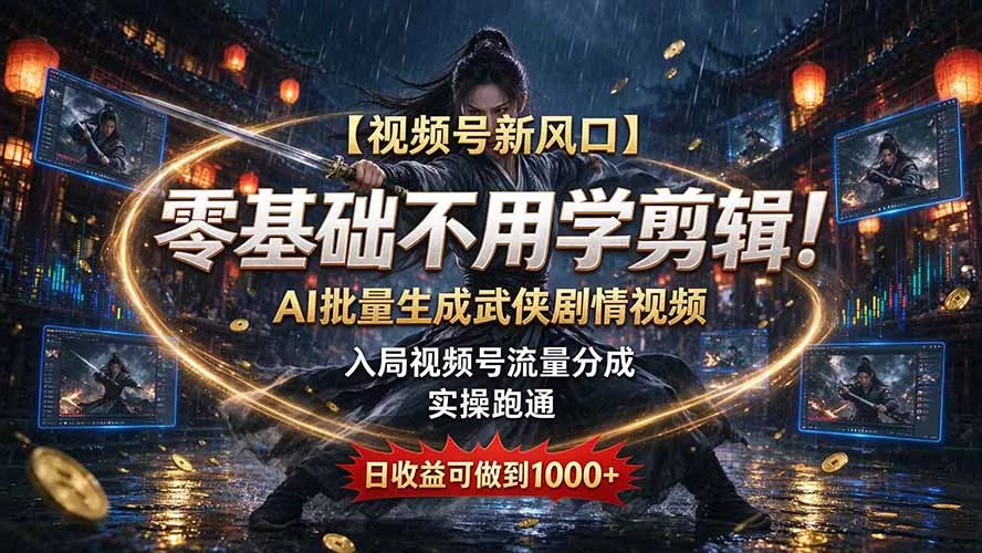 【视频号新风口】零基础不用学剪辑！AI 批量生成武侠剧情视频，入局视频号流量分成，实操跑通，日收益可做到 1000+ - 来及网络