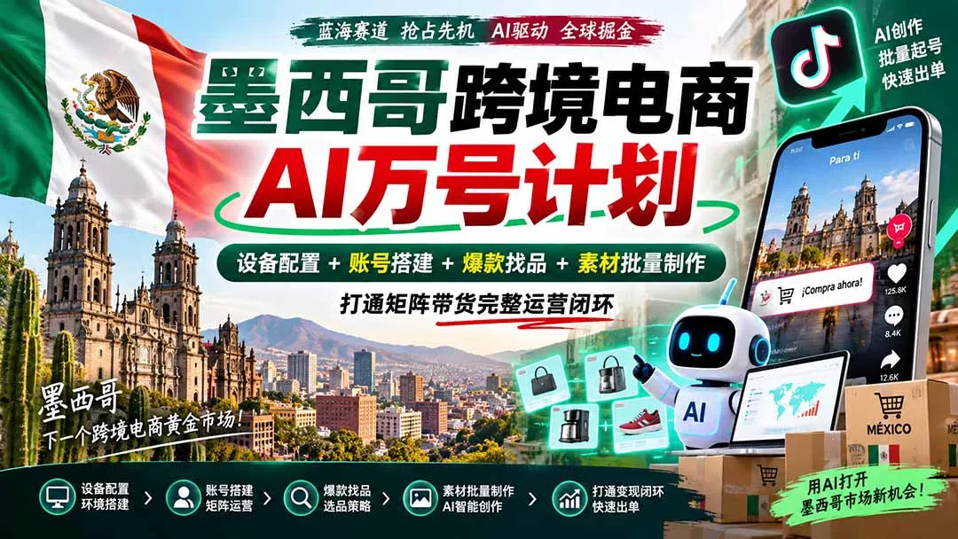 墨西哥AI跨境电商万号计划｜设备配置+账号搭建+爆款找品+素材批量制作，打通矩阵带货完整运营闭环 - 来及网络