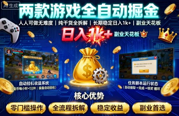 两款游戏全自动掘金，人人可做无难度，纯干货全拆解，长期稳定，日入1k+，副业天花板【揭秘】 - 来及网络