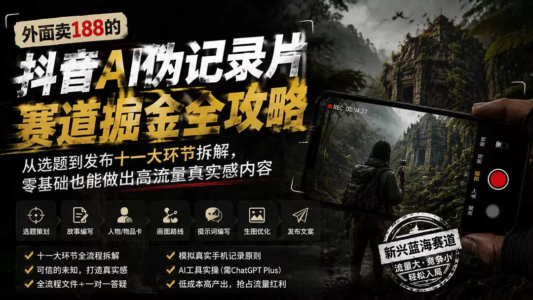外面卖188的抖音AI伪记录片赛道掘金全攻略；从选题到发布十一大环节拆解，零基础也能做出高流量真实感内容 - 来及网络