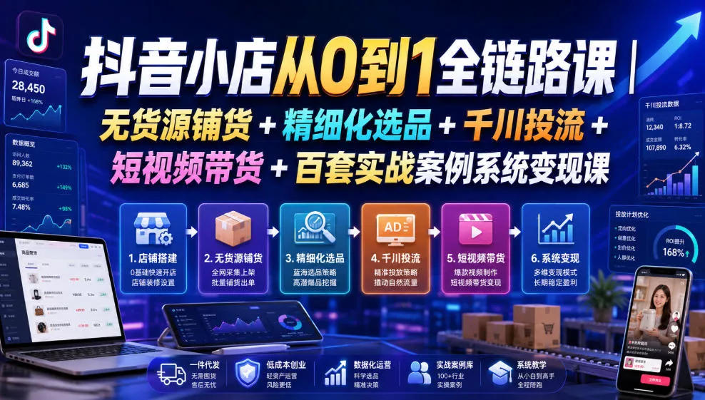 抖音小店从0到1全链路课｜无货源铺货+精细化选品+千川投流+短视频带货+百套实战案例系统变现课(2026年7月更新) - 来及网络
