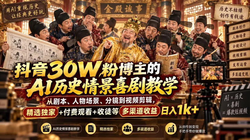 抖音30W粉博主的AI历史情景喜剧教学，从剧本、人物场景、分镜到视频剪辑，精选独家+付费观看+收徒等多渠道收益日入1k+ - 来及网络