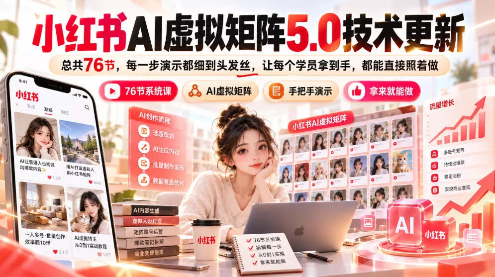 小红书AI虚拟矩阵5.0技术更新，总共76节，每一步演示都细到头发丝，让每个学员拿到手，都能直接照着做 - 来及网络