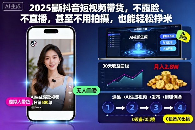 2025最新抖音短视频带货，不露脸、不直播，甚至不用拍摄，也能轻松挣米 - 来及网络