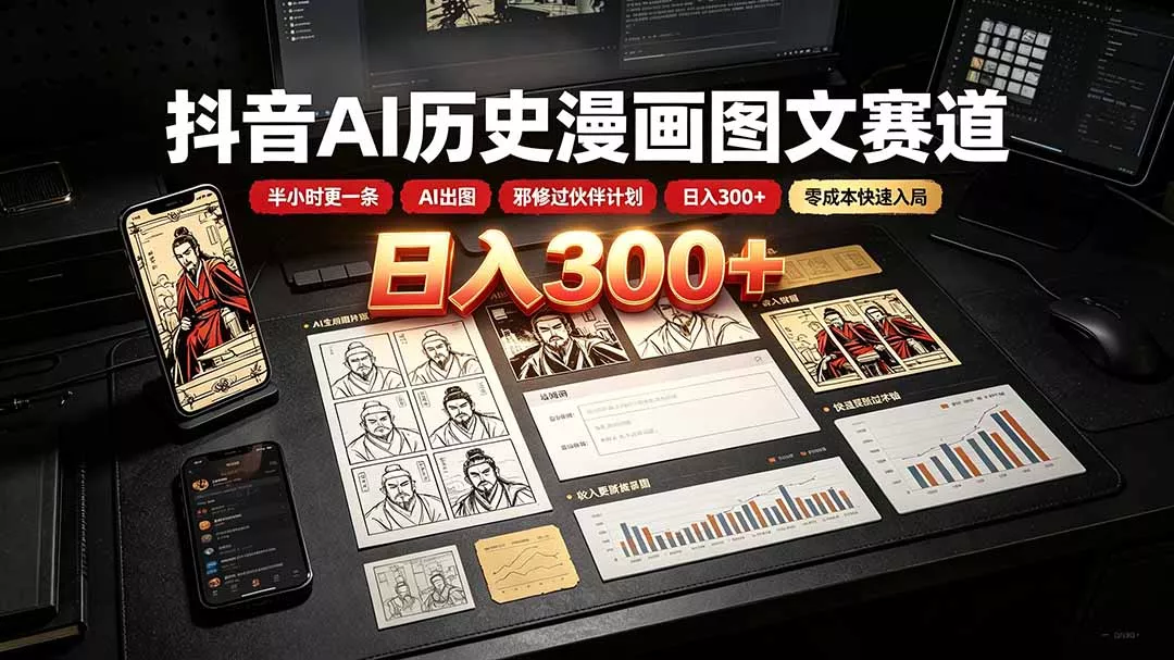 抖音AI历史漫画图文赛道：半小时更一条×AI出图×邪修过伙伴计划×日入300+，零成本快速入局 - 来及网络