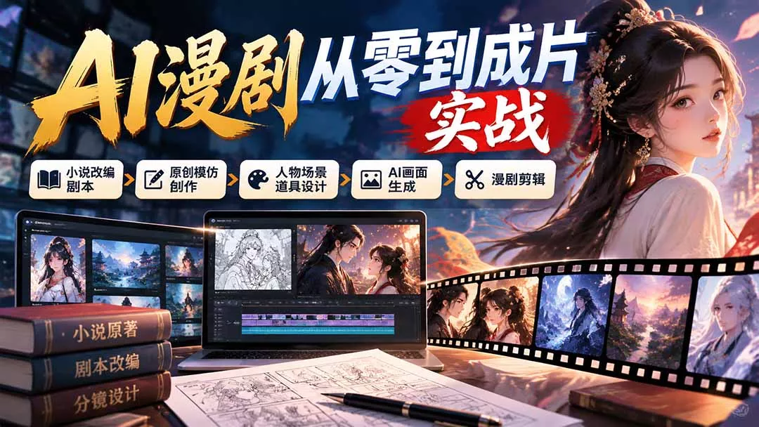 AI漫剧从零到成片实战：小说改编剧本、原创模仿创作、人物场景道具设计、AI画面生成与漫剧剪辑 - 来及网络