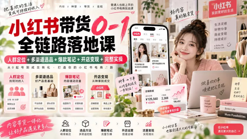 小红书带货0-1全链路落地课｜人群定位+多渠道选品+爆款笔记+开店变现完整实操 - 来及网络